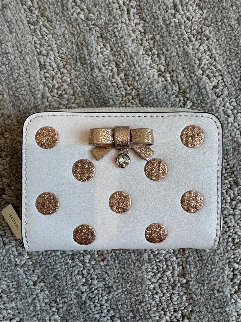 kate spade White Wallet with Rose Gold Glitter Polka Dots and Metallic Bow